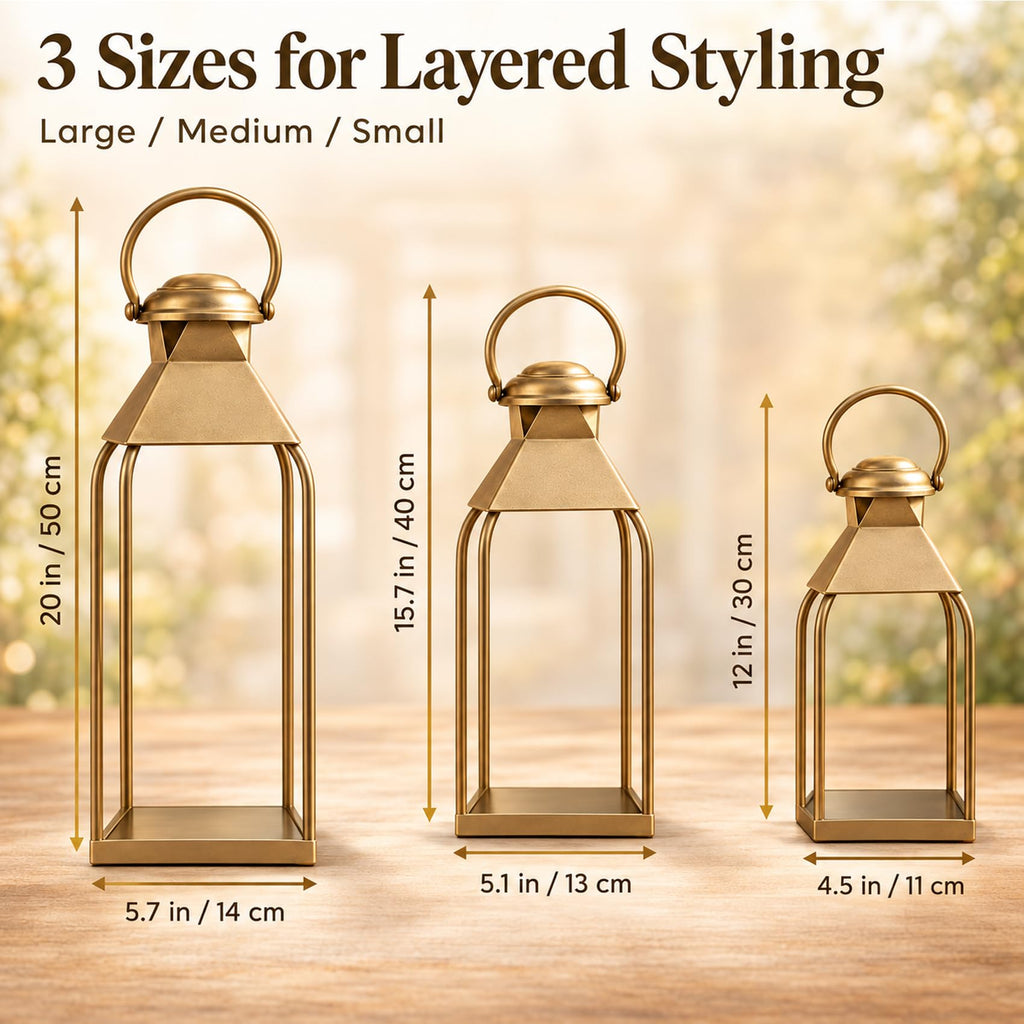 Antique Gold Decorative Metal Lanterns Indoor Outdoor Set of 3