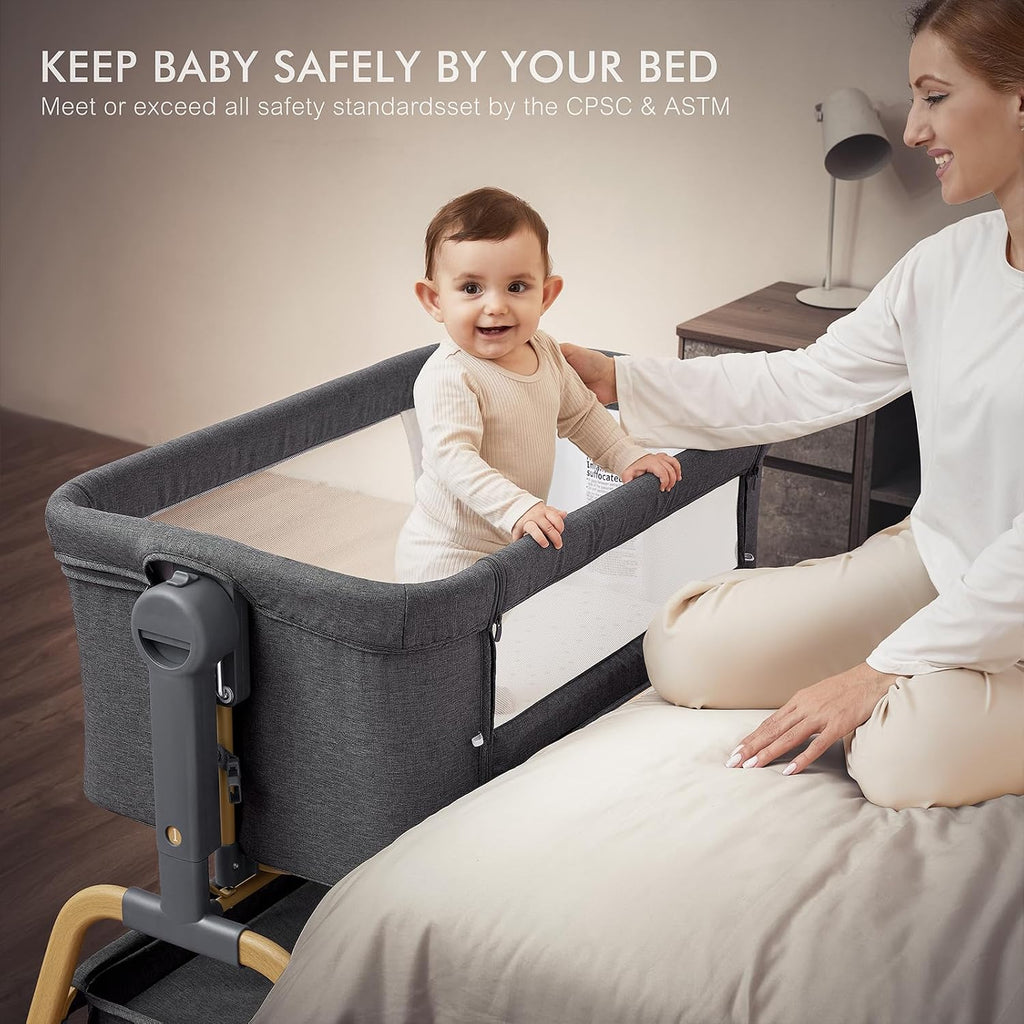 3-in-1 Baby Bassinet, Rocking Bedside Bassinet, Dark Grey | Wheels, comfy mattress, 6 height adjustments, easy
