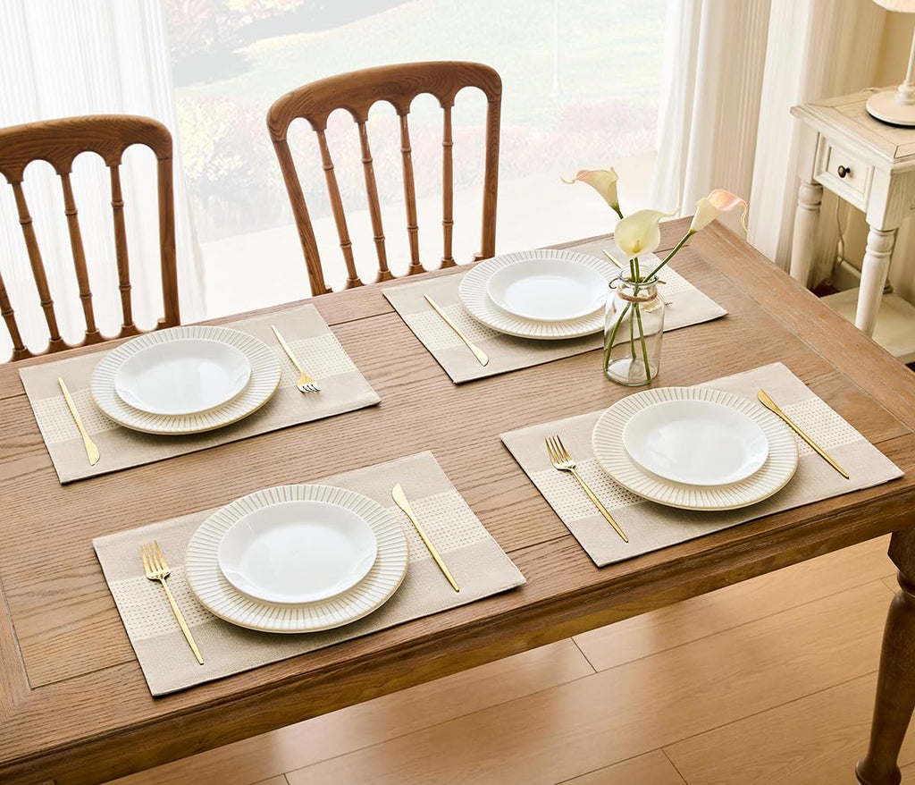 Linen Placemats, 12 x 18 Inch Set of 4 Placemats, Farmhouse Macrame Place Mats Table and Heat Resistant-Hemstitch