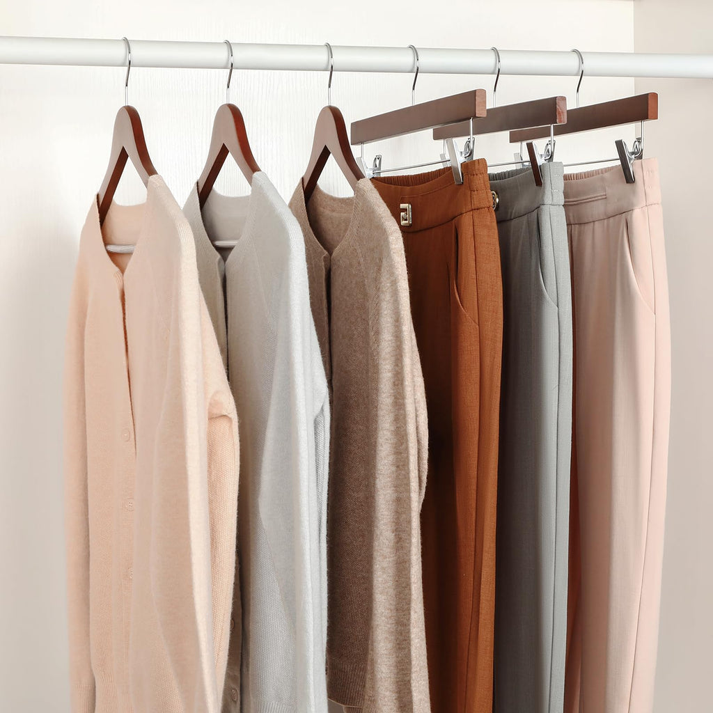 Walnut Wood Pants Hangers, Wooden Skirt Short Jeans Trouser Hanger with Smooth Surface 360° Swivel Hook Anti Rust 2