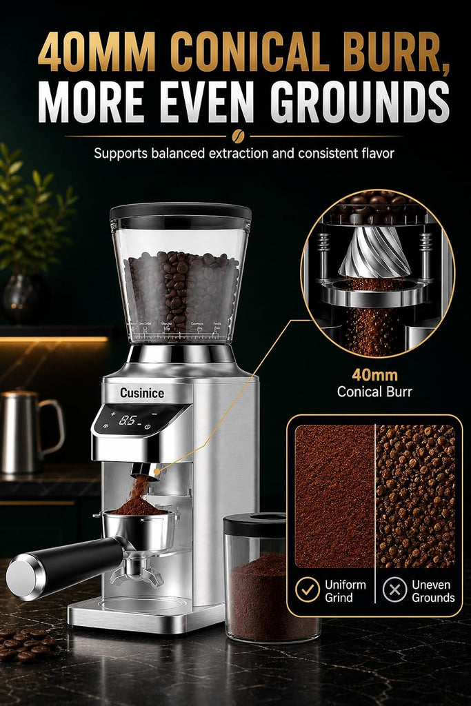Conical Burr Coffee Grinder, Anti-Static, 0.1s Single/Double Shot Timer | 34 Grind Settings, Smart Memory, Custom