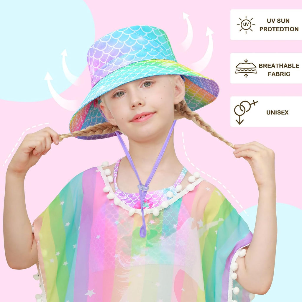 Kids Bucket Hat Anti-UV Toddler Girls Sun Hat Wide Brim UPF 50+ Sun Protection Packable Summer Beach Hat for Girls 2-9