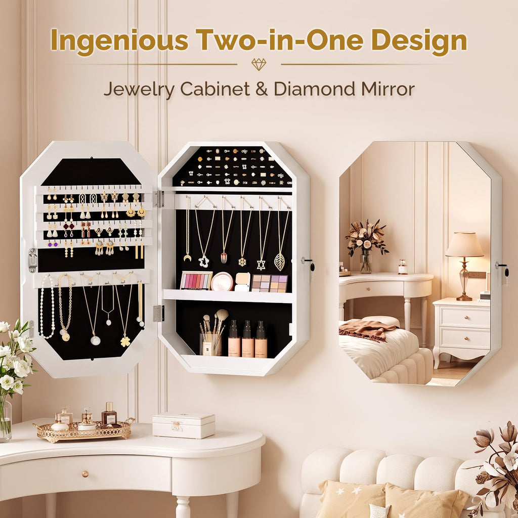 Modern Diamond-Shaped Jewelry Armoire, Lockable Octagonal Jewelry Cabinet Organizer with Mirror, Wall Mounted for