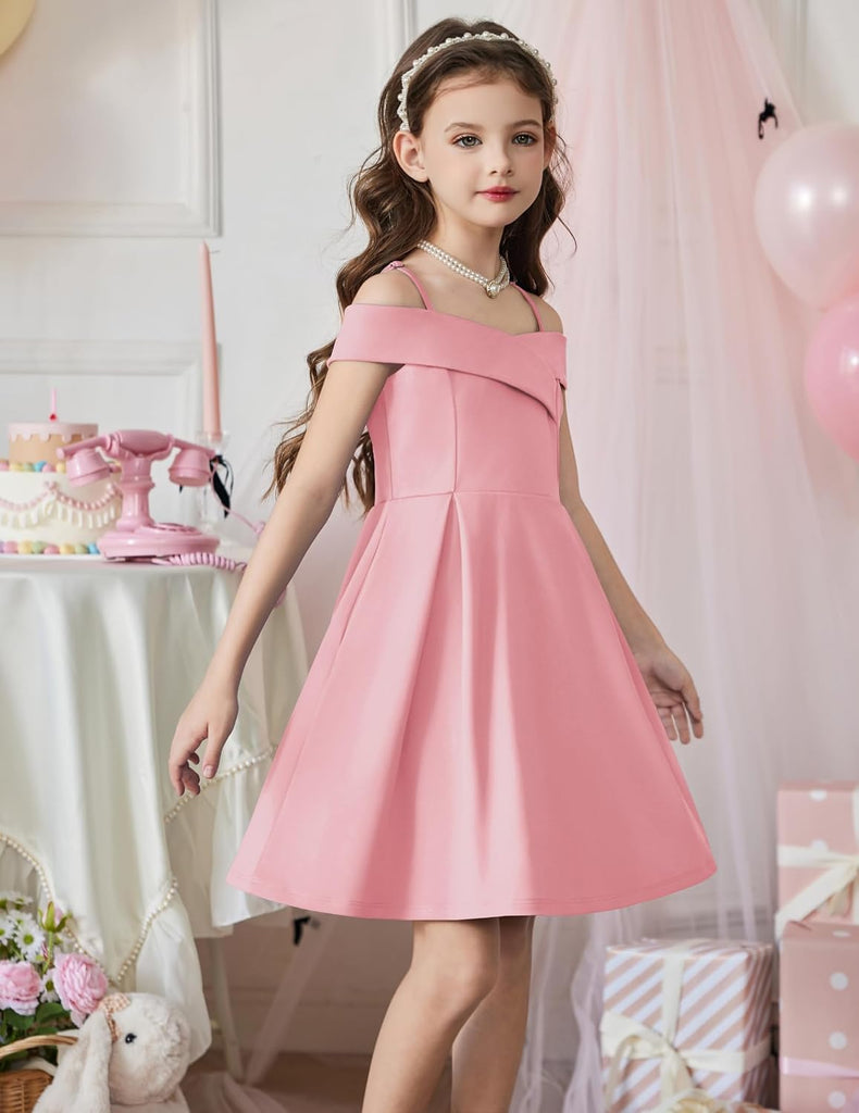 Girls Summer Dress Off Shoulder Fold Pleated Formal Elegant Dress