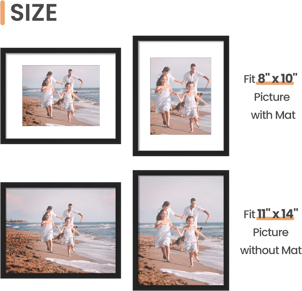 11x14 Picture Frame Set of 10, Display Pictures 8x10 with Mat or 11x14 Without, Multi Photo Frames Collage for Wall