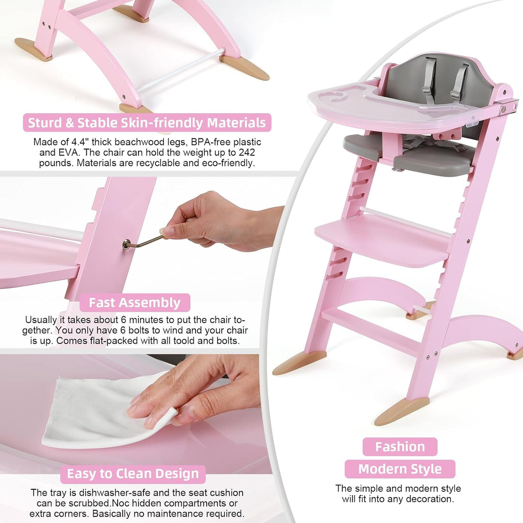 New Upgrade 3-in-1 Convertible Wooden High Chair for Babies & Toddlers 10 Levels Adjustable 3-Tier Remove 2