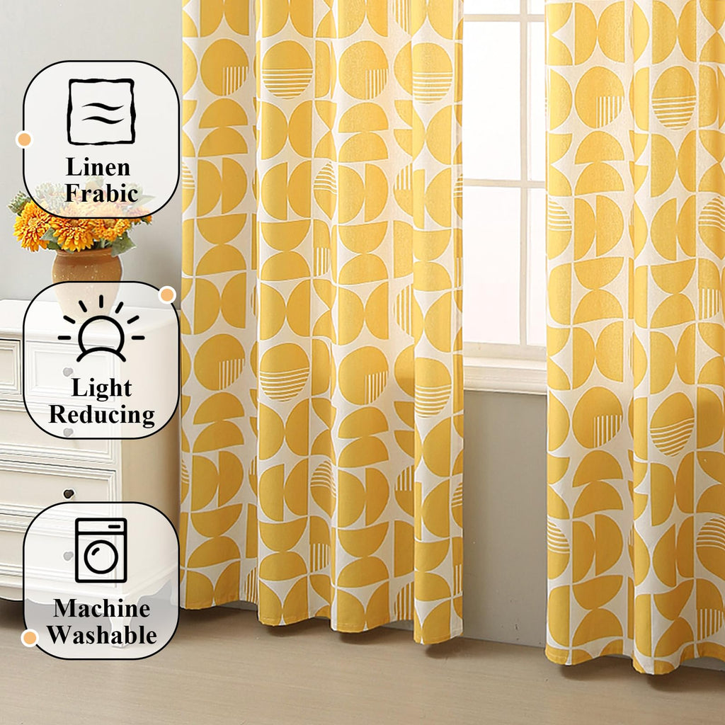 Yellow Mid Century Modern Patterned Curtains 84 Inches Long 2 Panels Set MCM Drapes, Geometric Light Filtering