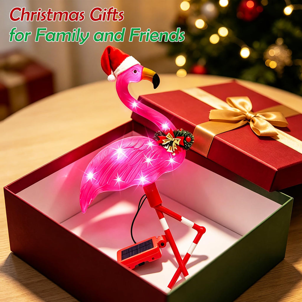 Solar Christmas Decorations, 4 Pack Solar Pink Flamingos Lights for Outdoor Yard