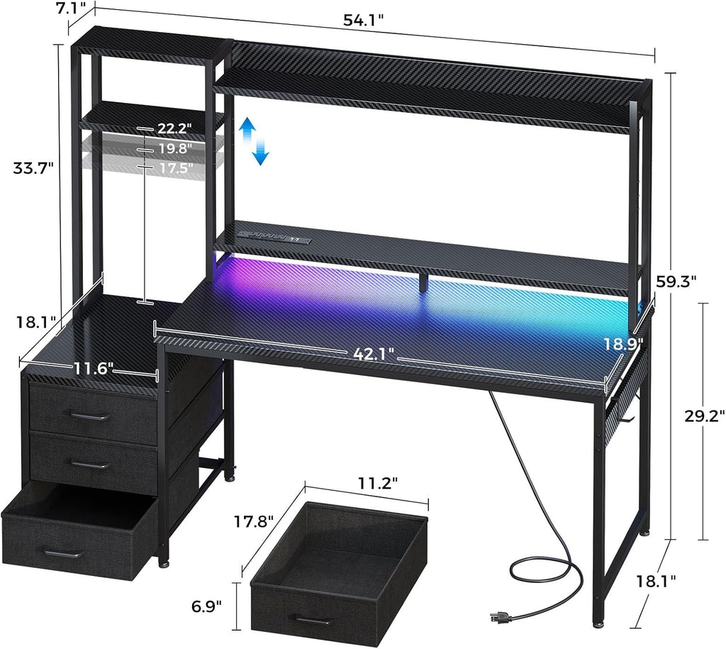 55 Inch Gaming Desk with Hutch & LED Lights & PC Tower Stand | Reversible PC Desk with 3 Fabric Drawers & Power
