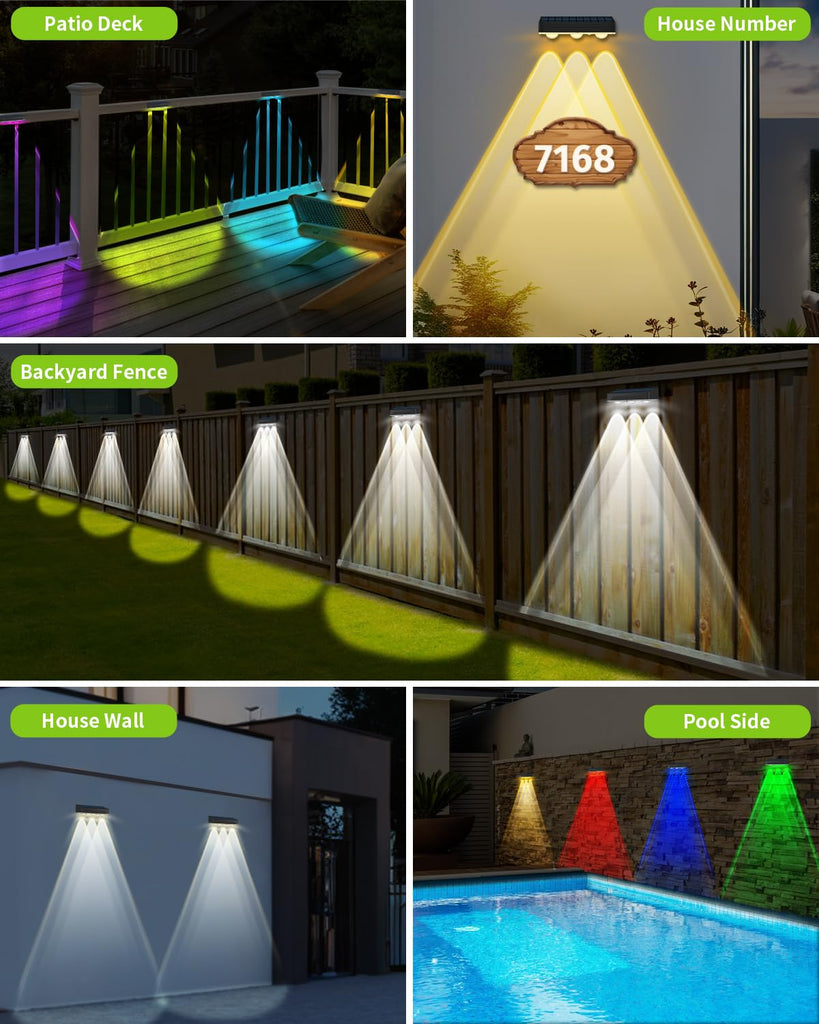 Solar Fence Lights Outdoor 8 Pack Waterproof Upgraded Brightness 3 LED Lens Solor Deck Lights Warm Cool Natural White