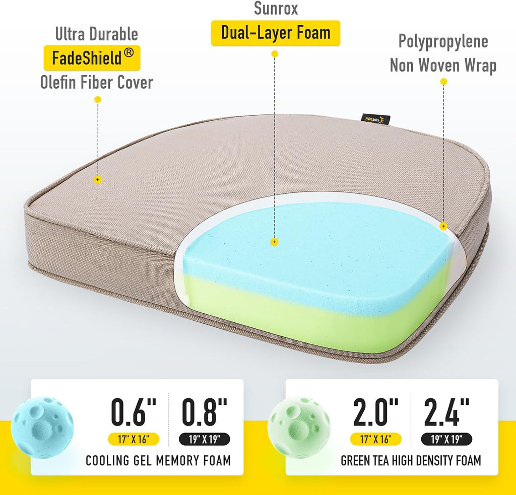 Gel Memory Foam Chair Cushions, FadeShield Water-, Stain-Resistant Durable Reversible Seat Cushion Pads with Ties for