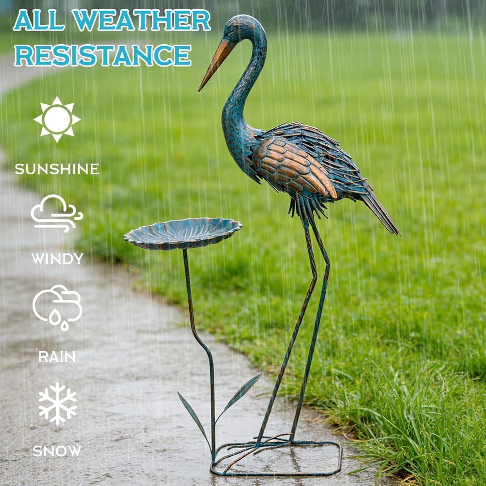 Metal Crane Garden Statue for Outside with Leaf Tray | Large Heron Outdoor Statues, Elegant Crane Yard Art Garden