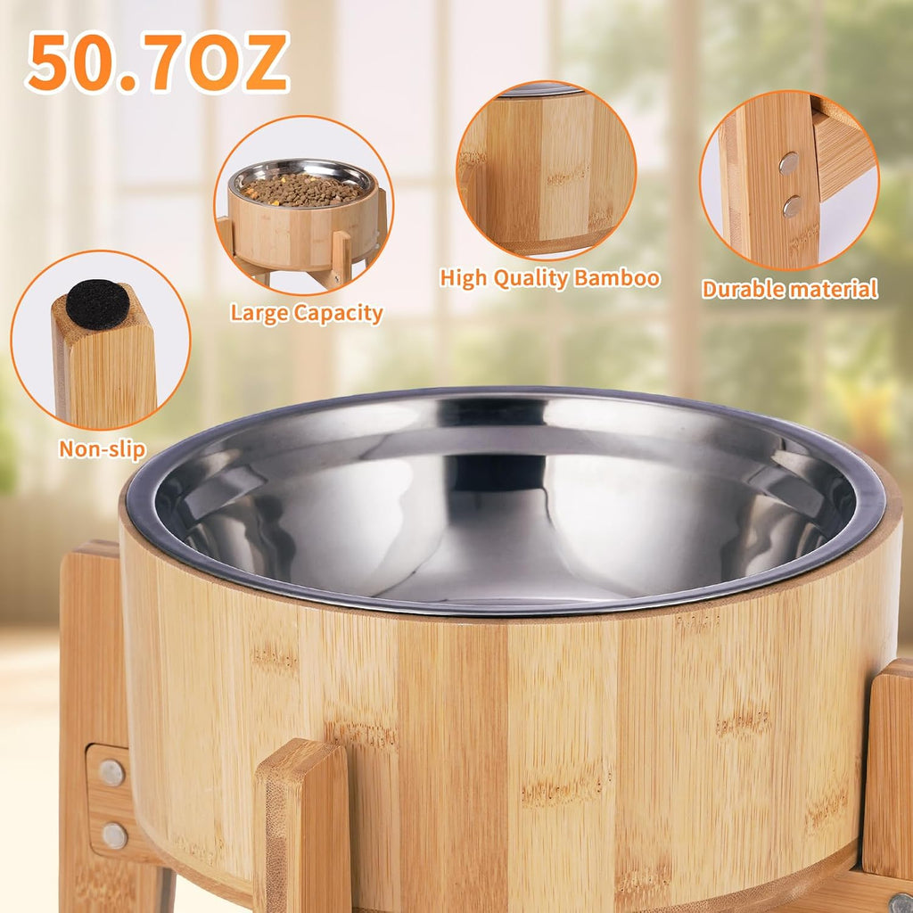 Elevated Dog Bowls for Large Dogs Feeder Two Bowls with a Stainless Steel and Bamboo Dishes, Raised Dog Bowl Stand