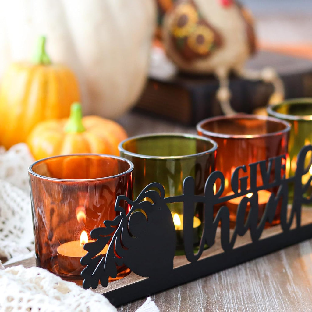 Thanksgiving Centerpieces Glass Tealight Votive Candle Holder Include 1 Candle Tray & 4 Candle Holders Fall - Set of 5