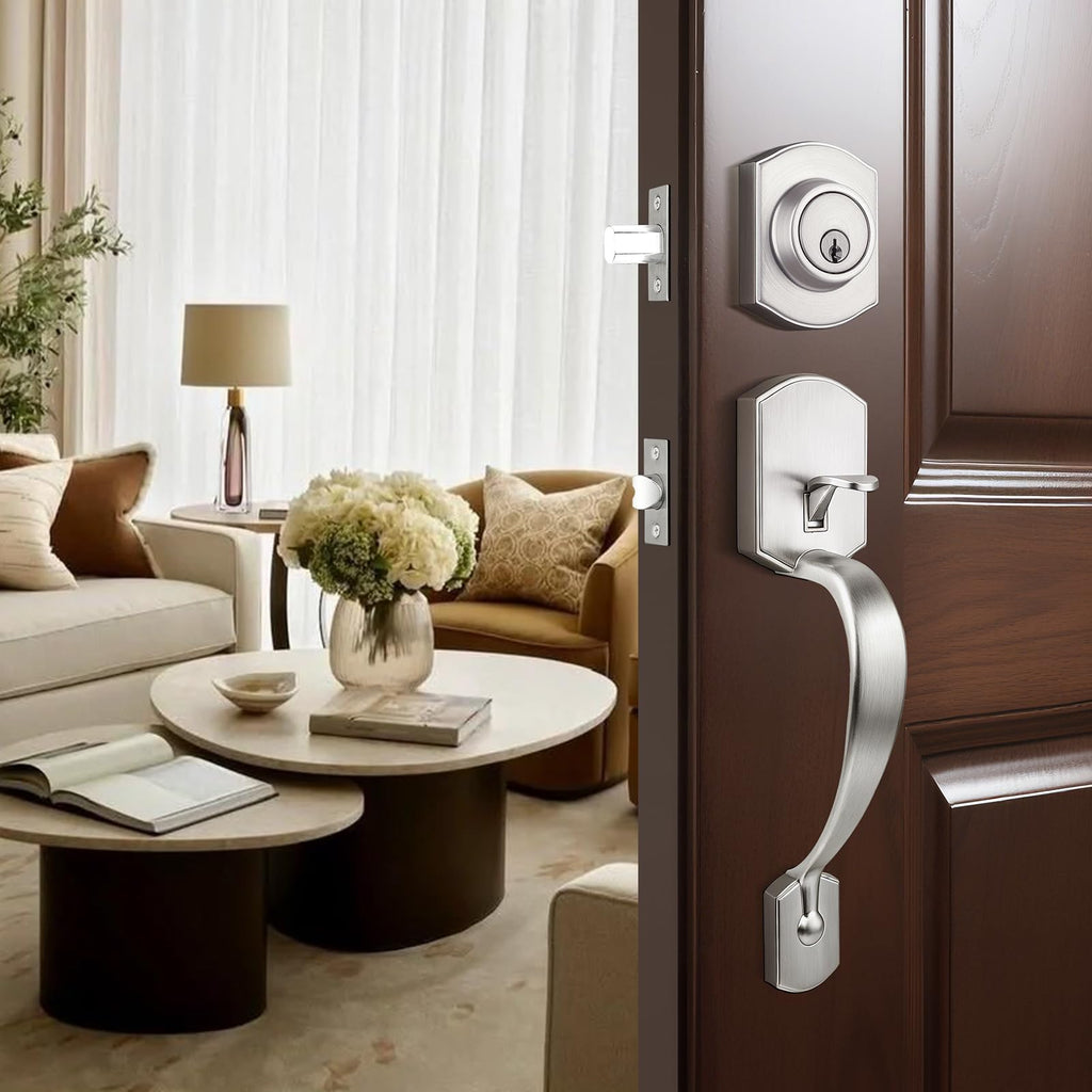 Front Door Lock Set Satin Nickel Door Handle Set, Entry Door Locksets with Deadbolt Single Cylinder Front Door Handle