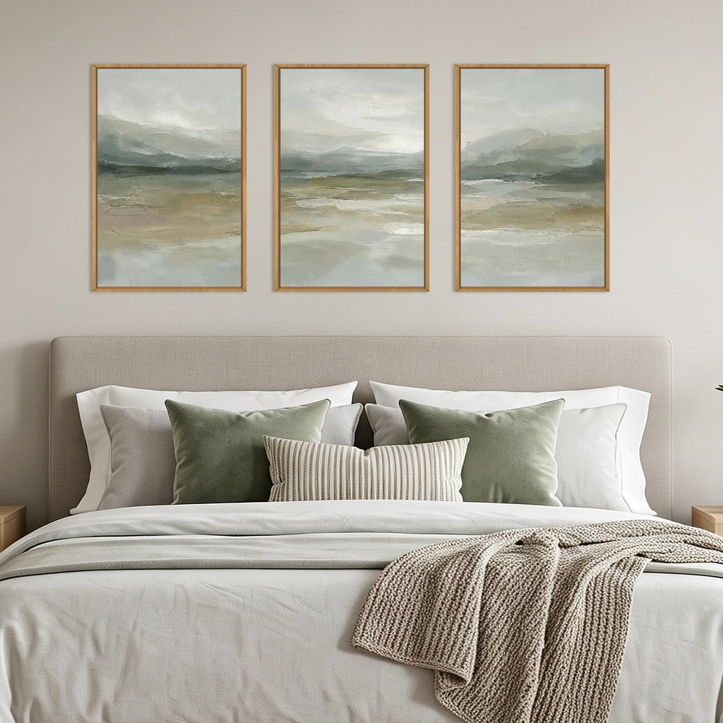 Sage Green Abstract Wall Art Framed Neutral Artwork Landscape Print