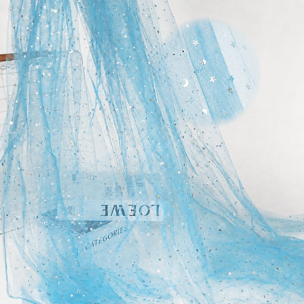 59 Inch x 8 Yard Silver Star and Moon Tulle Fabric, Blue