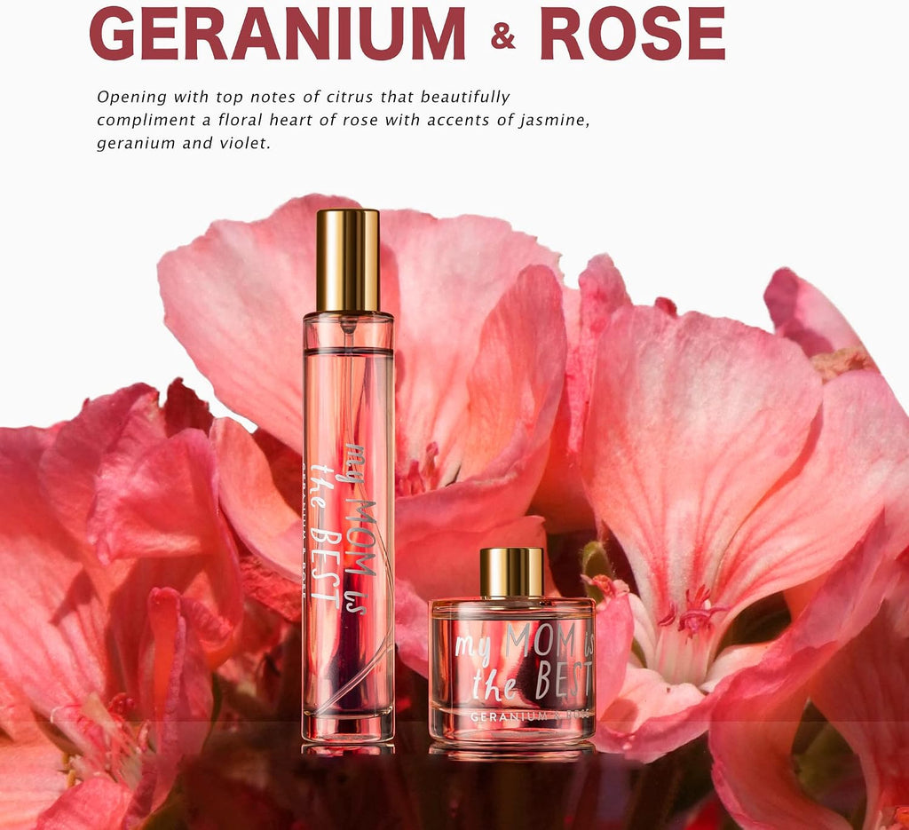 Soy Candle Set: Geranium & Rose 'Best Mom' Gift with Reed Diffuser & Room Spray - Set of 3