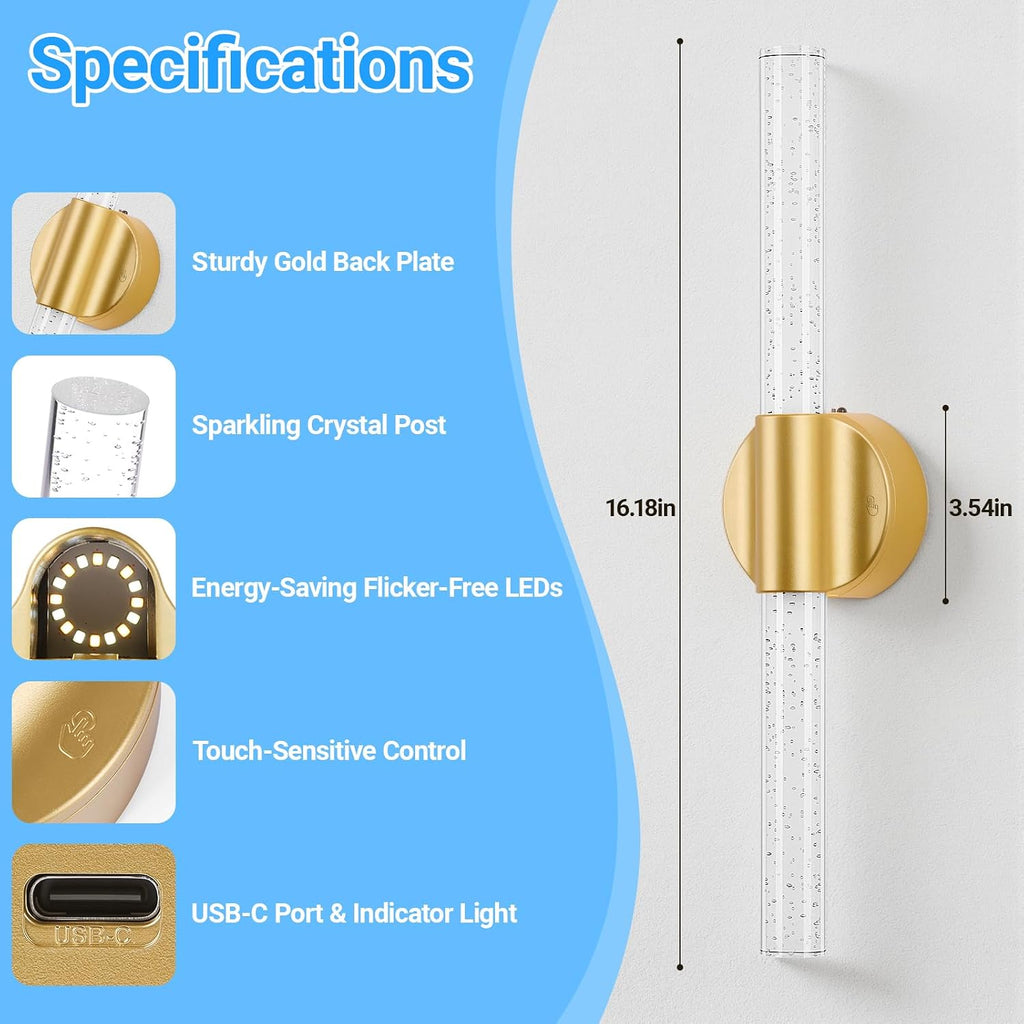 Peel and Stick on Gold Battery Operated Wall Sconces Set of 2, Rechargeable Magnetic Linear Wall Lights for Bedroom