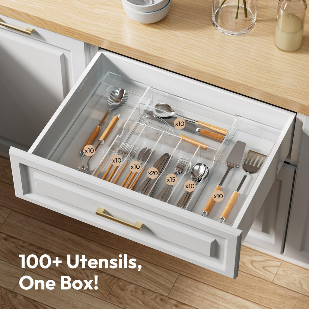 Acrylic Utensil Silverware Tray for Drawer, Clear Cutlery Organizer
