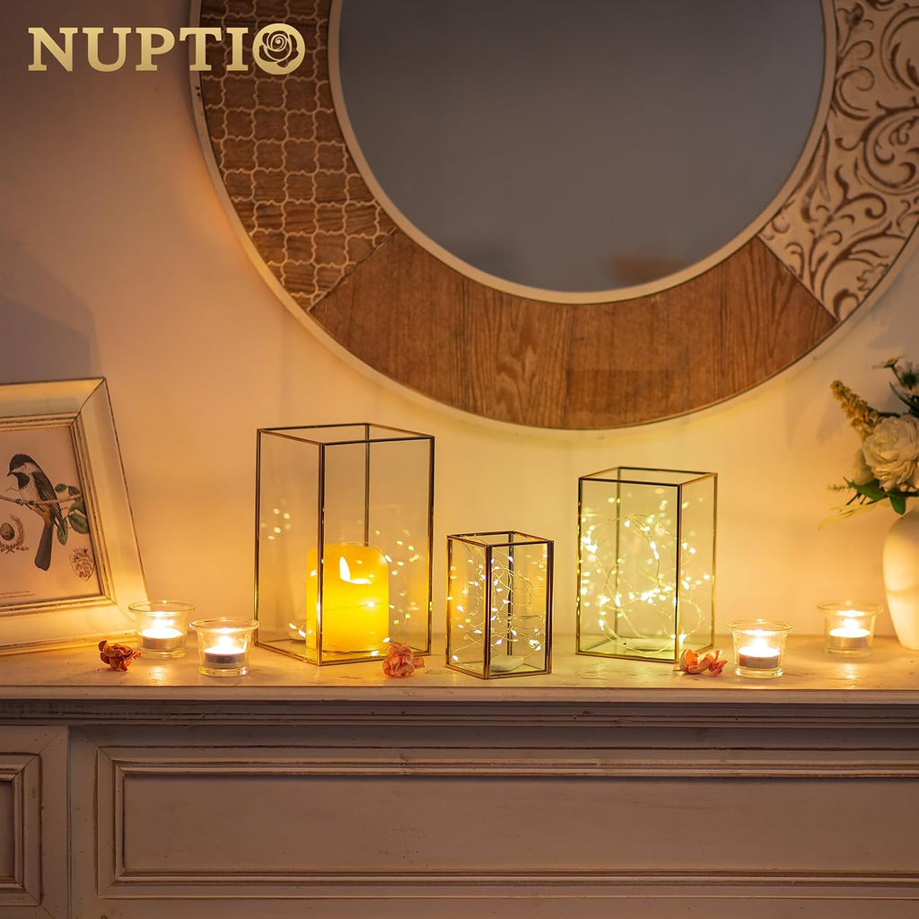 Hurricane Glass Candle Holders: 3Pcs Gold Lanterns Candle Holder for Pillar Candles Geometric Table Centerpiece