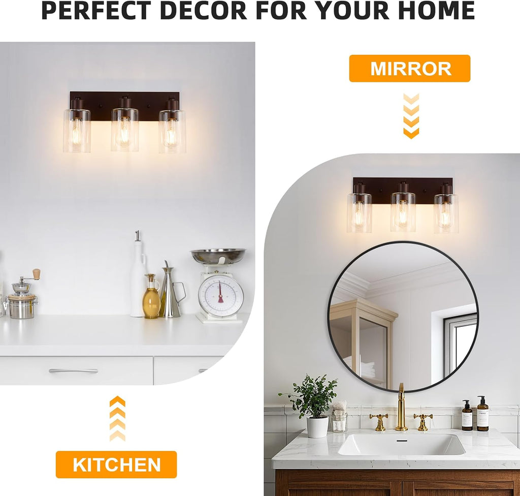 3 Lights Bathroom Light Fixtures Oil Rubbed Bronze Vanity Light with Clear Glass Shade 18in Modern Bathroom Lighting
