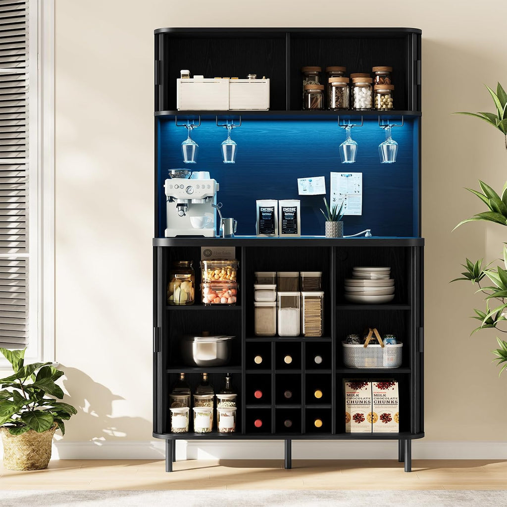 71" Tall Fluted Wine Bar Cabinet with Storage Black | Liquor Cabinet, Coffee Bar Cabinet, Large Home Bar, with LED