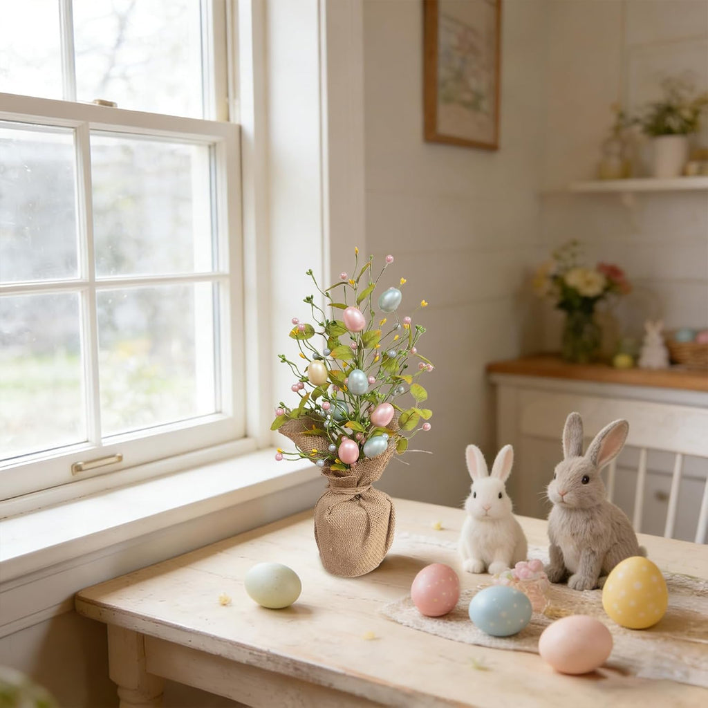 19" Easter Egg Tree Tabletop Decor - Handcrafted Pastel Centerpiece with Pearlized Eggs & Cement Base for Spring