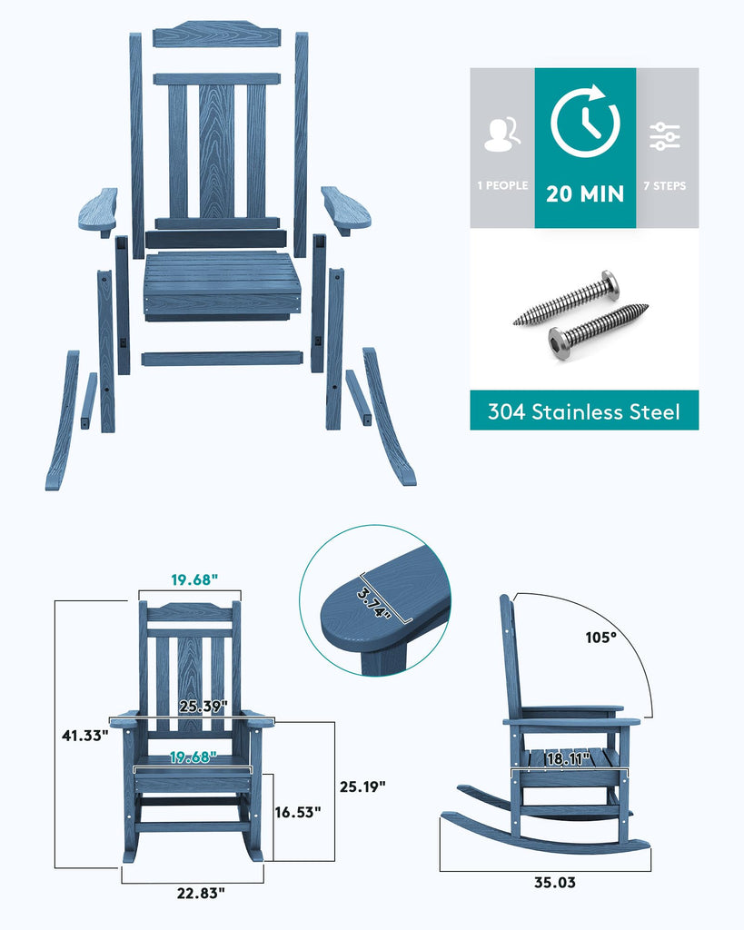 HDPE Oversized Outdoor Rocking Chairs Set of 2, Patio Rocker, Blue