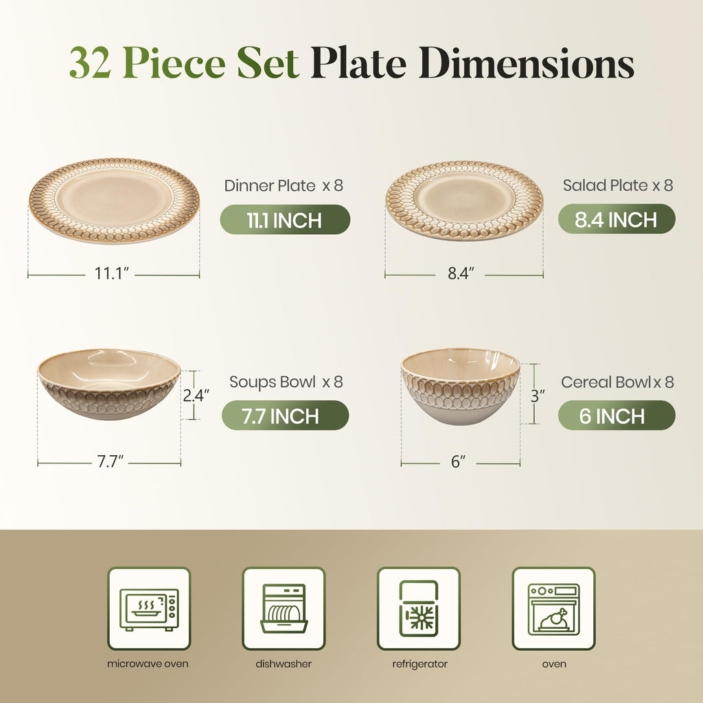 32pcs Stoneware Dinnerware Set for 8, Brown