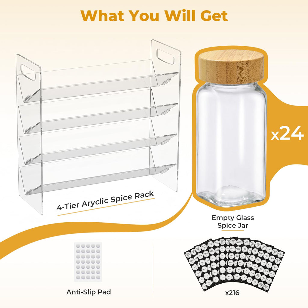 Acrylic Spice Rack Organizer with 24 Glass Spice Jars