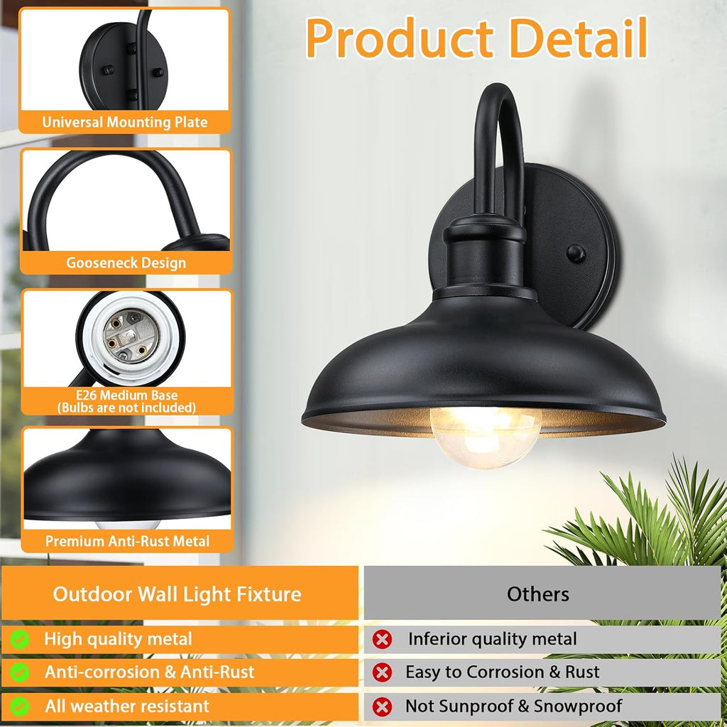 Gooseneck Outdoor Light Fixtures, 2-Pack Farmhouse Barn Lights for Porch