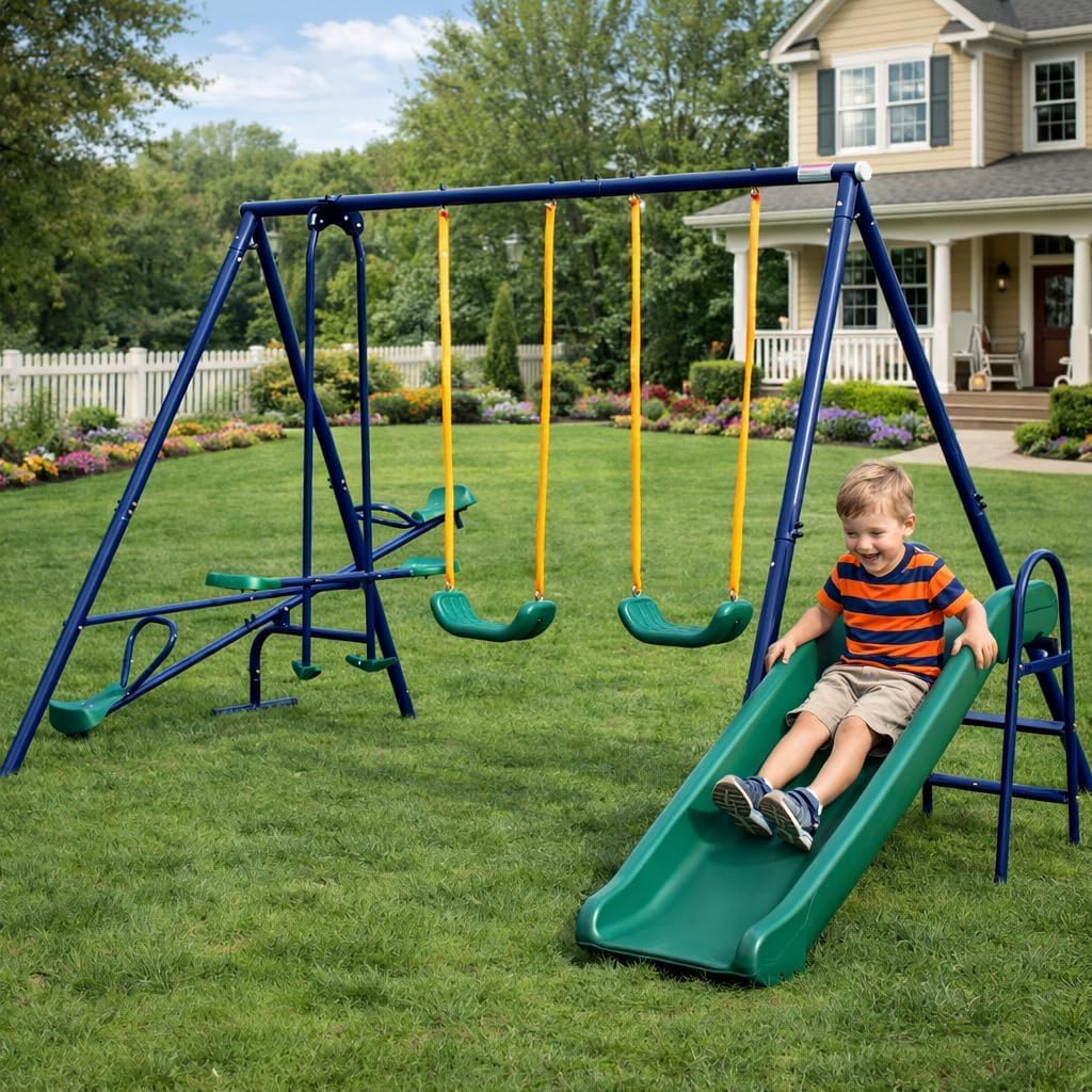 5 in 1 Swing Set for Kids Backyard, Heavy Duty A-Frame Metal Swing Sets with Slide Seesaw Glider Bench Swing Outdoor