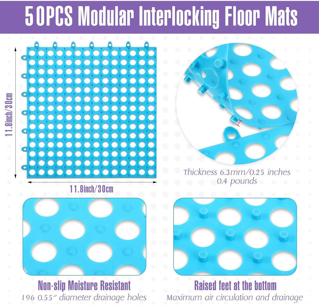 50 Pcs Drainage Mats 11.8'' x 11.8'' Modular Interlocking Floor Drainage Tiles Splicing Pool Floor Mat, Non Slip TPE