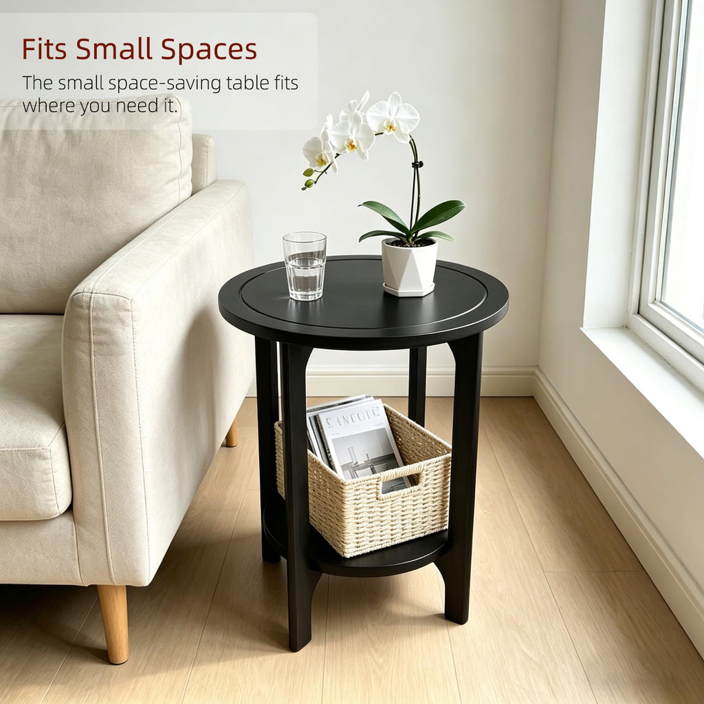 Black Solid Wood Round Side Table
