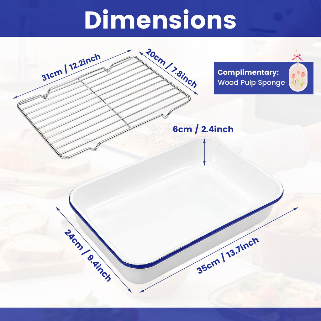 13x9 Inch Enamel Roasting Pan with Stainless Steel Rack, Heavy-Duty Rectangular Baking Pan for Oven Roasting, Baking