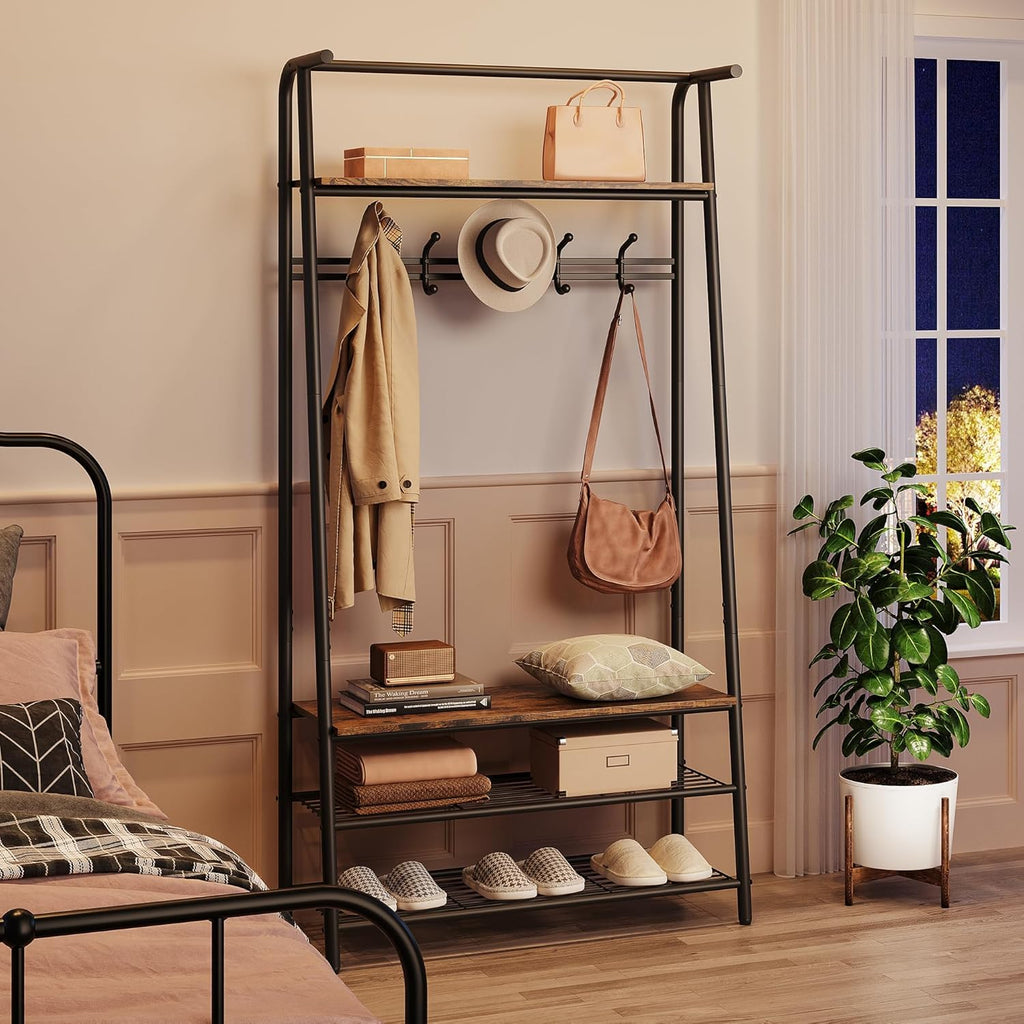 Entryway Hall Tree with 5 Hooks, Shoe Bench & Storage Shelf, Coat Rack Organizer with Wood Accents and Metal Frame