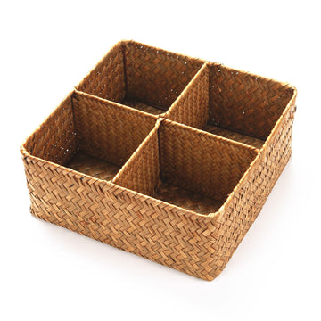 Woven Seagrass Storage Basket with 4 Divided Sections, Wicker Basket Bin Box Organizer for