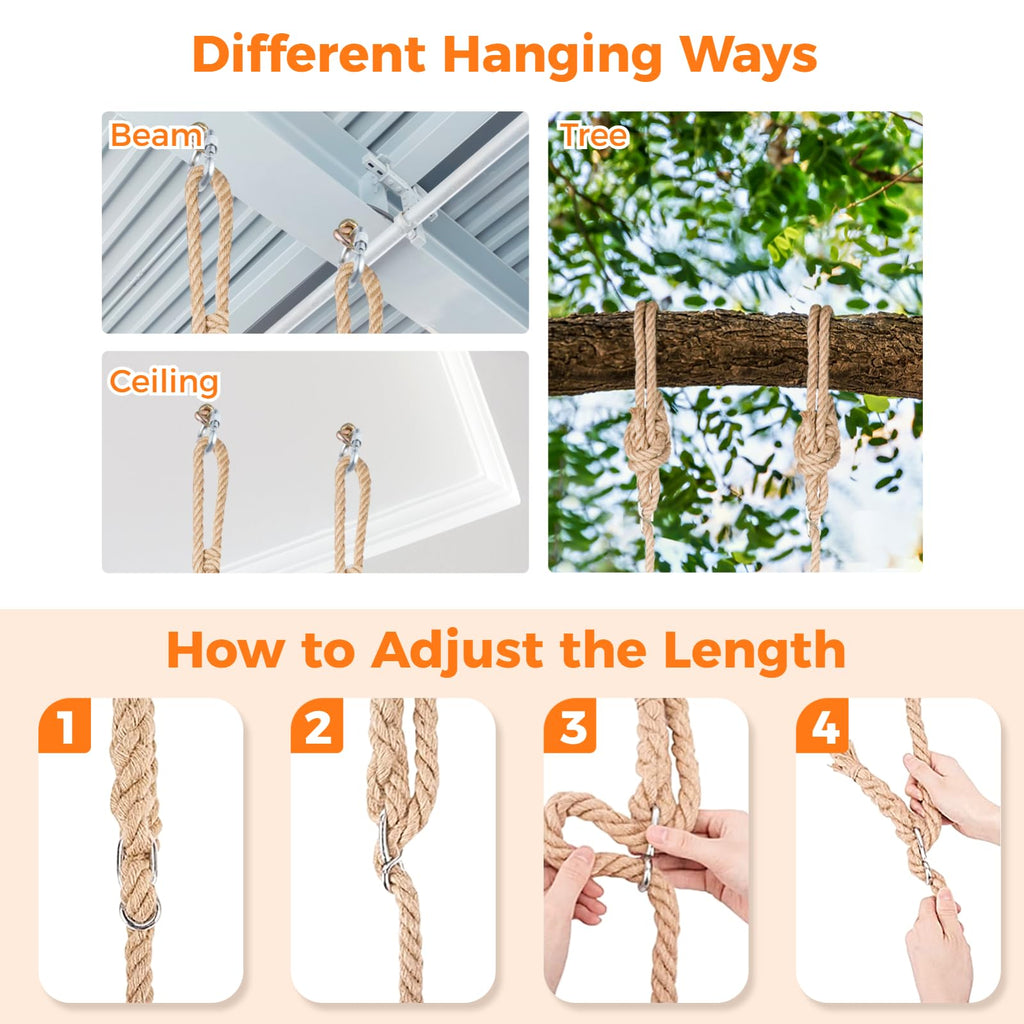 Wooden Tree Swing, Wooden Swing for Adults/Kids with 500lbs Load Capacity Waterproof Wooden Swing Seat Adjustable Hemp