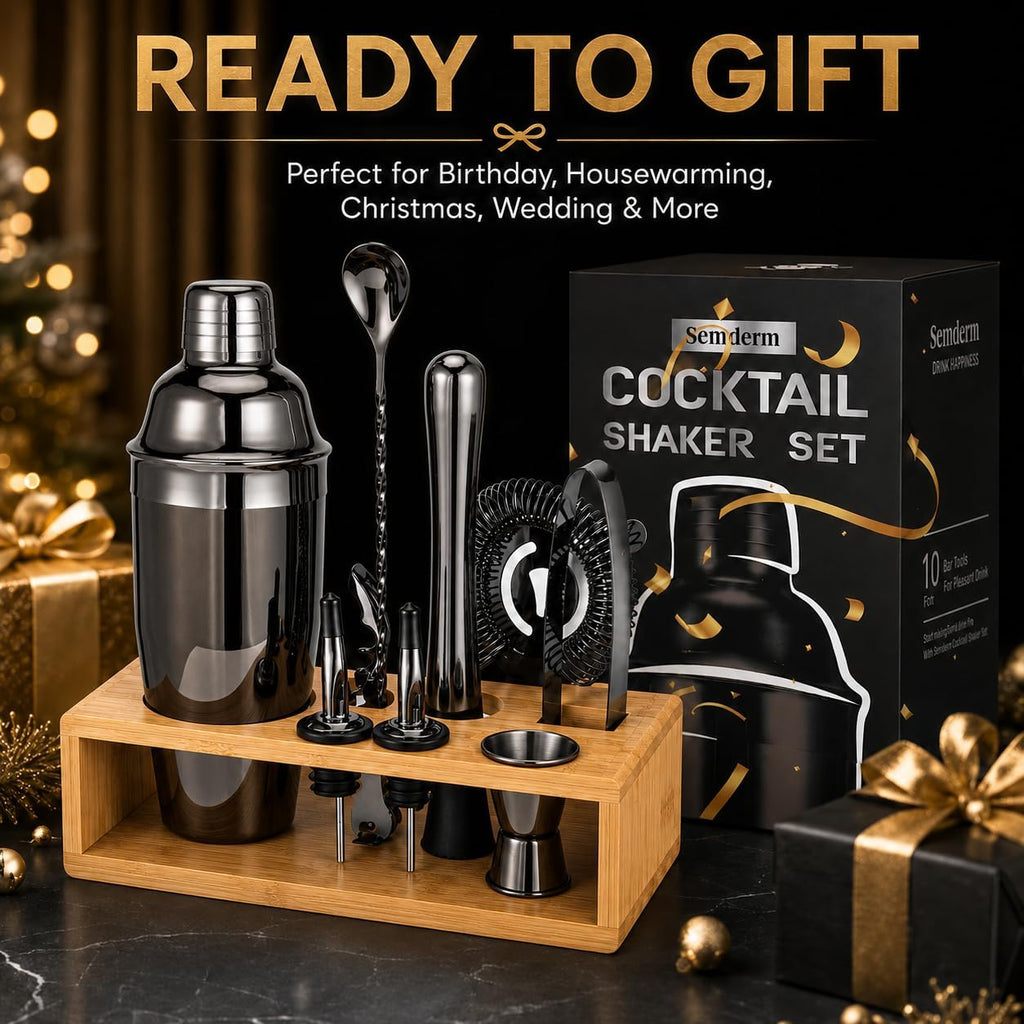 Black Cocktail Shaker Set, Premium 18/8 Stainless Steel Mixology Bartender Kit with Stylish Bamboo Stand 10-Piece Bar