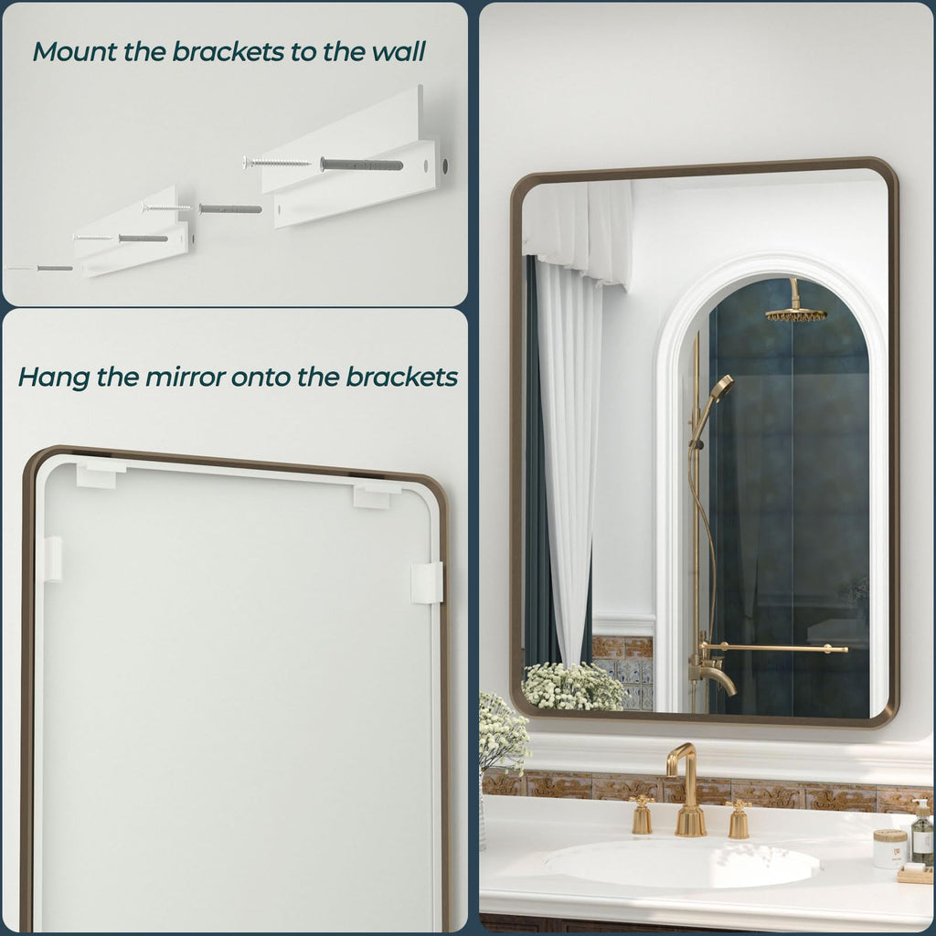 44x36 Bronze Bathroom Vanity Mirror, Brushed Metal Framed Bathroom Mirror, Rounded Bronze Rectangle Mirror for