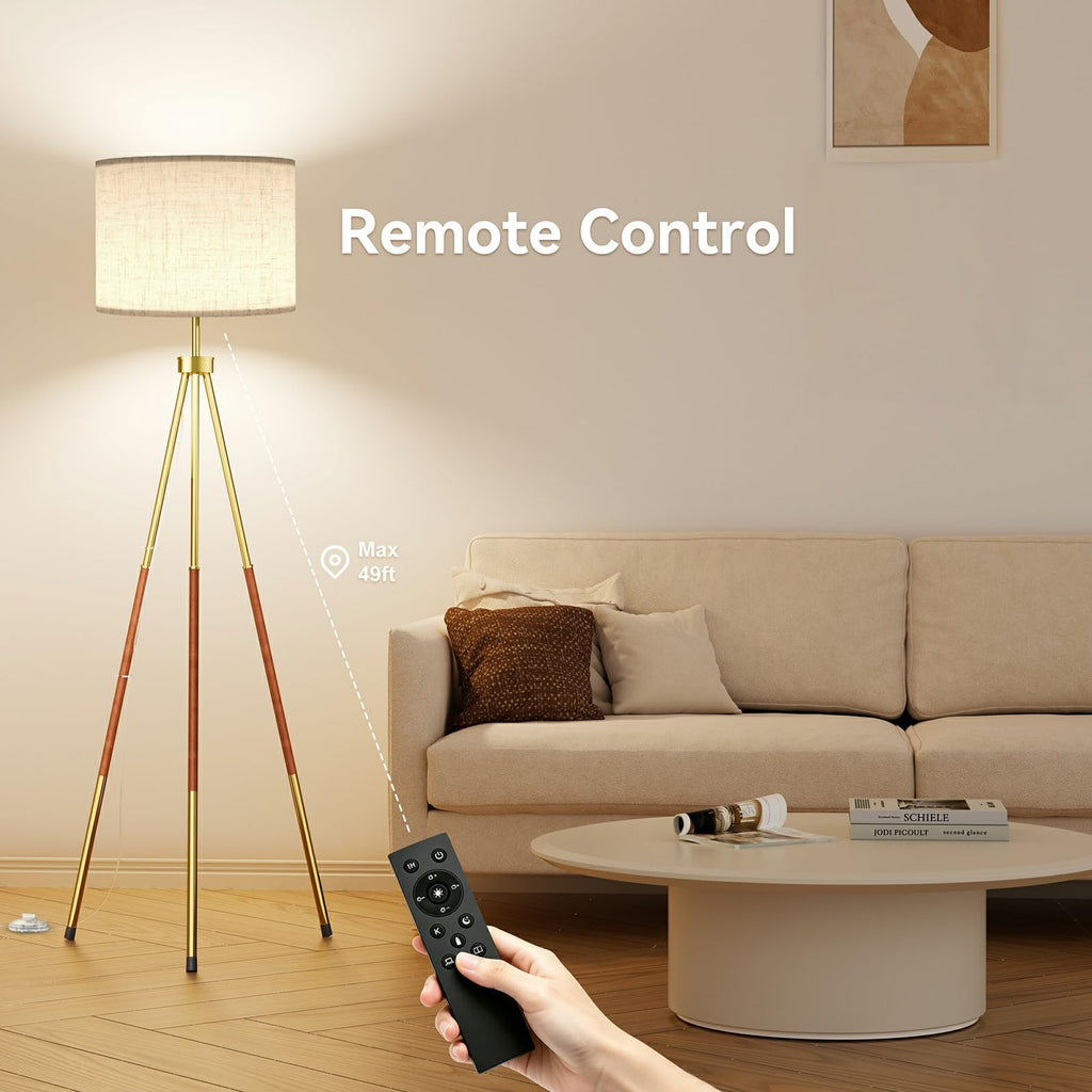Mid Century Wood Tripod Floor Lamp with Remote & Foot Switch