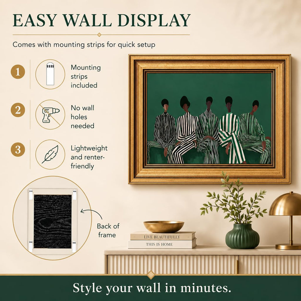 Gold Framed African American Wall Art Green White Striped Black People Canvas Print Modern Afrocentric Wall Decor