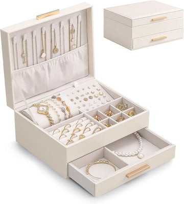 2-Layer Jewelry Box Organizer Holder for Women Girls Mom -Beige