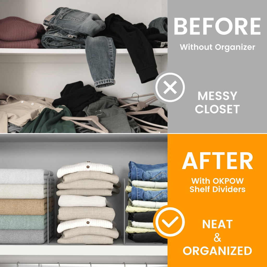 Shelf Dividers for Closet Organization - Keep Sweaters & Purses Upright, Clear Acrylic Separators for Most Wood