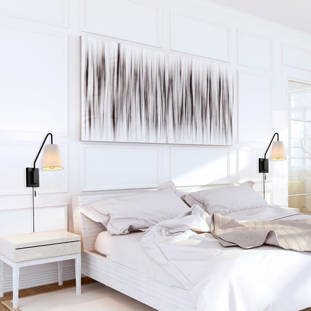 Matte Black Swing Arm Plug-in or Hardwire Wall Sconce with White Fabric Shade