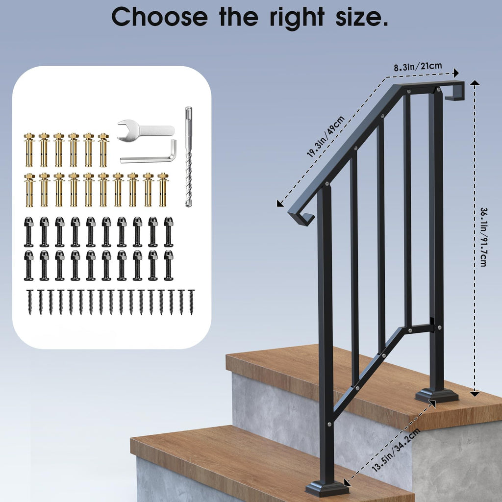 Outdoor Handrails for Steps, Stair Railing Kit for Concrete & Porch Steps, Adjustable Black Iron Hand Rail for
