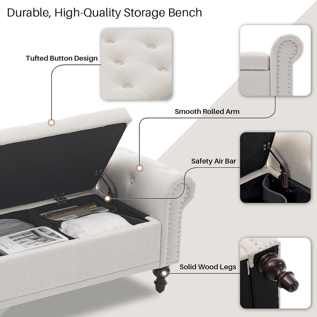 67" Storage Bench , Linen Upholstered, Beige | King Size End of Bedroom Bed Bench Ottoman with Tufted Cushioned