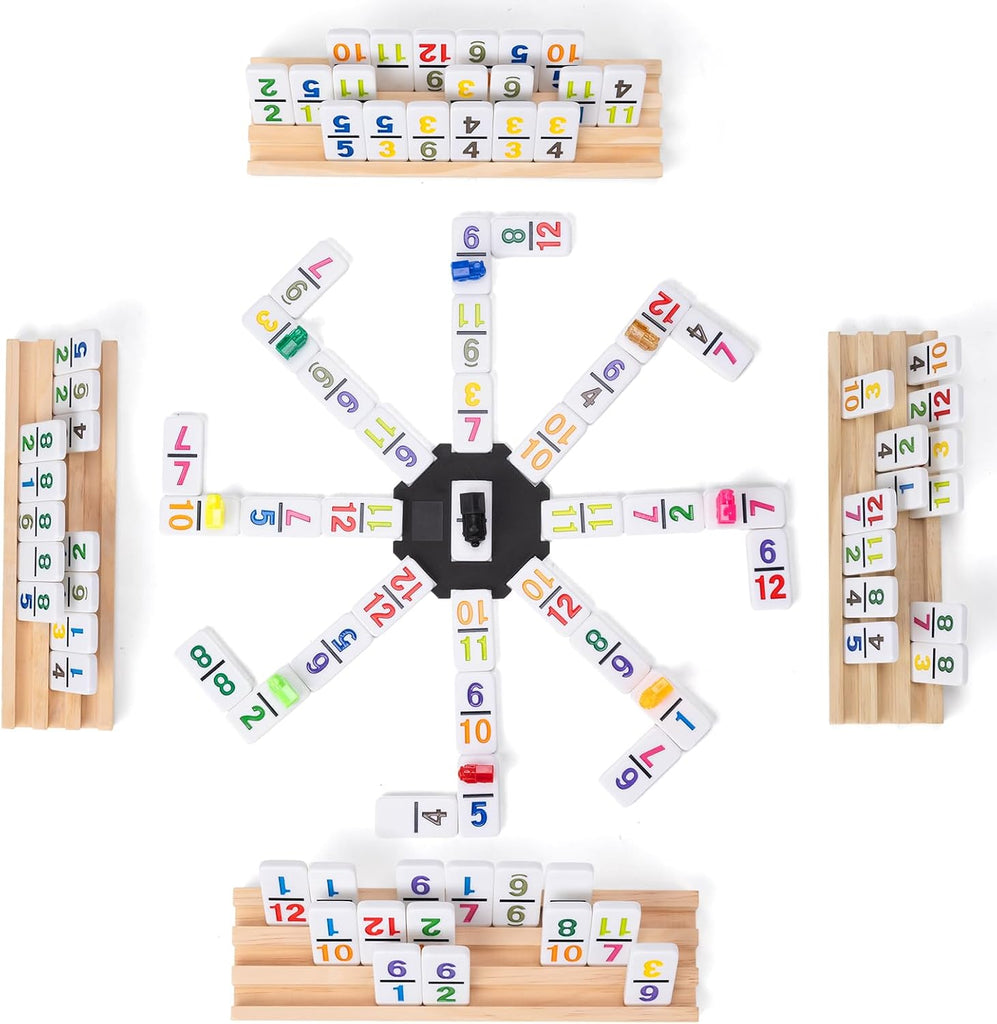 Mexican Train Dominoes Set with 4 Wooden Trays - Double 12 Dominoes Game with 91 Number Tiles, Portable Carrying Case