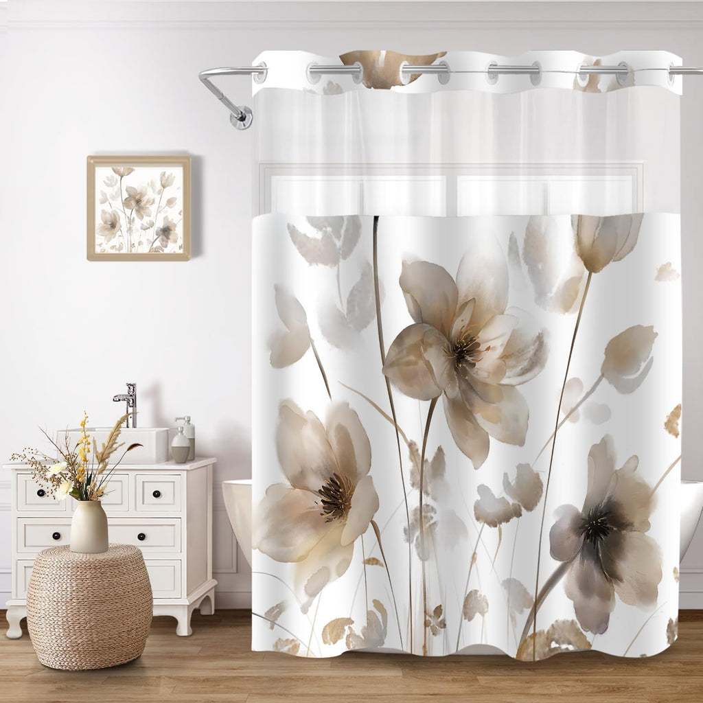 No Hook Shower Curtain and Liner Set, Brown Boho Floral 71x74 | Watercolor Boho Flower, with Snap in Liner